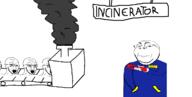 5soyjaks arm badge best_soy clothes conveyor_belt glasses hand holding_object incinerator sign smile smoke soyjak stapler stubble subvariant:wholesome_soyjak text thick_eyebrows variant:gapejak variant:soyak // 1200x609 // 59.1KB