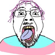 animated clothes flag glasses hair mustache open_mouth purple_hair soyjak stubble tongue tranny variant:bernd yellow_teeth // 434x432 // 17.5KB