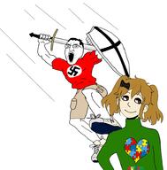 ashbie autism bow brown_eyes cargo_shorts female glasses hair hair_bow imminent_death jump lips nazism new_balance open_mouth shield shoe shorts smile swastika sword teeth teutonic_order twintails variant:chudjak // 2000x2032 // 833.4KB