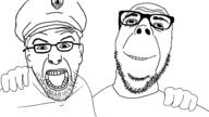 2soyjaks closed_mouth clothes ear friendship glasses grin hair hand hat hugging looking_at_you no_more_brother_wars open_mouth police police_hat smile soyjak stubble variant:dubbbzjak variant:policejak // 1920x1080 // 534.4KB