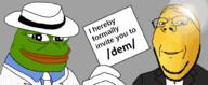 dem bowtie clothes dem frog glasses gold gold_(user) golden hat holding_object invitation michael_jackson pepe president sign smile stubble subvariant:wholesome_soyjak tuxedo variant:gapejak // 1000x409 // 280.2KB