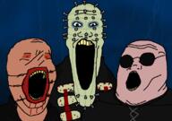 3soyjaks blood brown_skin butterball_(hellraiser) cenobite chatterer_(hellraiser) clothes evil glasses green_skin hellraiser horror no_nose open_mouth pinhead_(hellraiser) red_skin robe round_glasses soyjak soyjak_trio stubble variant:gapejak variant:markiplier_soyjak variant:tony_soprano_soyjak white_skin yellow_teeth // 828x581 // 118.1KB