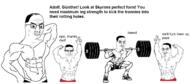 4soyjaks adolf barbell buff chudjak_brothers clothes father fit_(4chan) full_body glasses gunther hair hand hands_up multiple_soyjaks soyjak squatting subvariant:chudjak_front text the_elder_scrolls the_elder_scrolls_v:_skyrim tranny variant:chudjak videogame weightlifting // 1395x611 // 300.4KB