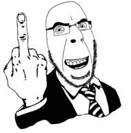 clothes glasses hand laughing looking_at_you middle_finger necktie open_mouth retro_50s_middle_finger_guy soyjak stubble suit teeth variant:cobson // 1580x1600 // 371.5KB