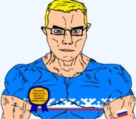Yamalo-Nenets arctic arm autonomous_okrug award blue_eyes buff christianity closed_mouth clothes eastern_orthodox flag flag:russia flag:yamato_nenets glasses hair orthodox_cross russia soyjak subvariant:chudjak_front subvariant:muscular_chud text transparent transparent_background tshirt variant:chudjak vein yellow_hair // 1059x929 // 73.4KB