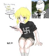 clothes glasses hair holding_object kate kate_hikes minecraft nazism pedophile soyjak stubble subvariant:wholesome_soyjak swastika teeth text thigh_highs variant:gapejak yellow_hair // 982x1126 // 408.6KB