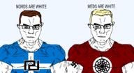 2soyjaks blue_eyes brown_hair buff closed_mouth clothes ear glasses green_eyes hair nazism sonnenrad soyjak subvariant:chudjak_front subvariant:muscular_chud variant:chudjak vein yellow_hair // 1976x1078 // 186.2KB