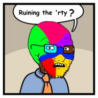 clothes colorful comic comic_sans glasses necktie scared soyjak soyjak_party speech_bubble stonetoss stubble subvariant:soyak_(concerned) text variant:soyak // 500x500 // 83.3KB