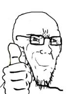 closed_mouth glasses hand no_eyebrows smirk smug soyjak stretched_mouth stubble thumbs_up variant:soyak // 357x457 // 72.7KB