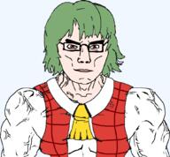 angry anime buff closed_mouth clothes female frown glasses green_hair hair kazami_yuuka muscles red_eyes soyjak subvariant:chudjak_front subvariant:muscular_chud touhou variant:chudjak vein video_game white_skin // 1051x973 // 44.5KB