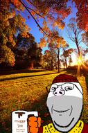 autumn beanie closed_mouth clothes glasses hand hat holding_object irl_background mug smile soyjak stubble subvariant:wholesome_soyjak variant:gapejak // 596x900 // 1.1MB