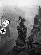 Great_patriotic_war building clothes crying glasses hair hanging hat irl_background mustache nazism open_mouth soldier soyjak stubble swastika tongue variant:chudjak victory_day world_war_2 // 600x800 // 350.6KB