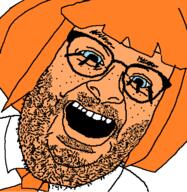 blue_eyes clothes glasses hair mymy necktie ongezellig open_mouth orange_hair orange_skin soyjak stubble variant:its_out_get_in_here // 590x605 // 27.7KB