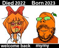2022 2023 2soyjaks angry blood bloodshot_eyes bow clothes cracked_teeth dyed_hair eyebrows froot ginger_hair glasses green_glasses leaf meme mymy necktie ongezellig orange orange_hair orange_skin rage raging seething smile stubble variant:feraljak variant:gapejak variant:wholesome wholesome_gapejak // 716x580 // 245.1KB