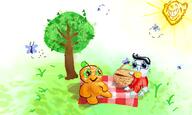 3soyjaks ^_^ admin baby basket butterfly clothes drawn_background ear froot full_body glasses orange_skin pacifier picnic rattle smile soyjak stubble sun tree variant:chudjak variant:impish_soyak_ears // 1000x600 // 575.9KB
