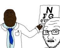 2soyjaks alternate arm brown_skin closed_mouth clothes coat concerned doctor eye_exam glasses hand jacket lab_coat looking_to_the_left necktie nigger open_mouth pen pointing scared stubble subvariant:soyak_(concerned) suit text variant:alicia variant:soyak // 1563x1250 // 203.7KB