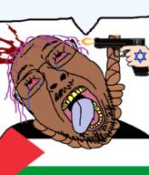 ACK! ack blood bloodshot_eyes brown_skin crying flag flag:palestine glasses gun gunshot hand hanging israel israeli judaism meta:tagme open_mouth palestine palestinian purple_hair rope speech_bubble speech_bubble_empty star_of_david stubble tongue variant:bernd yellow_teeth // 768x900 // 83.0KB