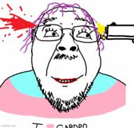 animated blood closed_mouth flag glasses gun i_love inverted mustache purple_hair shooting smile soyjak strobe stubble tranny variant:bernd // 500x477 // 84.1KB
