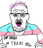 donald_trump ear glasses hand holding_object jail open_mouth orange_skin soyjak stubble text tranny variant:trumpjak // 474x521 // 32.5KB