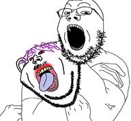 2soyjaks GapeGODS_won_ImpNIGGERS_lost bloodshot_eyes choke_hold choking ear flag glasses hair hand mustache open_mouth purple_hair series:imp_&_gape soyjak stubble teeth the_weak_should_fear_the_strong tongue tranny variant:gapejak variant:impish_soyak_ears yellow_teeth // 1996x1844 // 386.5KB