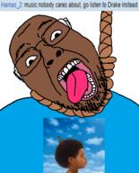 Hamas_2(namefag) ack album_cover black_skin blue_shirt drake glasses hanging music noose normie nothing_was_the_same_(drake_album) open_mouth rope soybooru soyjak stubble suicide text tongue variant:bernd // 768x949 // 249.6KB