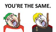 2soyjaks 4chan 4cuck anime badge bloodshot_eyes clothes crying dead glasses green_hair hair hanging lipstick meta:keep_the_original_tags nate rope soot_colors soyjak soyjak_party stubble suicide text tongue tranny variant:bernd white_background yellow_hair yotsoyba you're_the_same' // 2112x1208 // 125.0KB