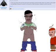 amerimutt beanie belt big_lips big_nose blue_pants child chinless discord ear exposed flies full_body genitalia glasses joel3dg joel_(user) kid lifting mustache mutt pants_down pedophile penis pervert propeller_hat red_shirt scared shitskin shoe shorts small_penis soyjak_blog stink_lines subvariant:obsessedchud sweat_stain sweating sweaty variant:chudjak variant:soyak yellow_sclera // 2444x2264 // 338.7KB