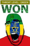 ahegao country emerald ethiopia flag flag:ethiopia gem glasses green green_eyes hair looking_up open_mouth pentagram schlog_color_event soyjak soyjak_blog stubble teeth text threat_level_green variant:cobson won // 721x1115 // 181.2KB