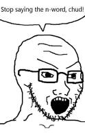 glasses open_mouth soyjak speech_bubble stubble text variant:soyak // 644x1000 // 22.1KB