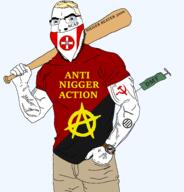 acab anarchism antifa arm baseball_bat blue_eyes clothes communism glasses hair hammer_and_sickle hand holding_baseball_bat holding_object kkk meta:tagme muscles soyjak stubble syringe tshirt variant:cobson watch wristwatch yellow_hair // 1834x1910 // 205.9KB