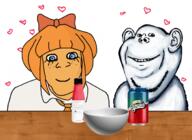 alternate blue_eyes bowl cartoon clothes ear eyelashes female hair impish looking_at_you mymy ongezellig orange_hair orange_skin shading smile soy soyjak soylent soylent_(strawberry) sproke sproklent stubble table transheart variant:feraljak variant:impish_soyak_ears // 670x489 // 232.6KB
