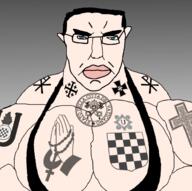 blue_eyes buff catholic catholicism closed_mouth clothes croatia cross ear hair jerusalem_cross rosary soyjak subvariant:chudjak_front swastika team_fortress_2 text ustasha variant:chudjak white_skin // 1800x1788 // 1.1MB