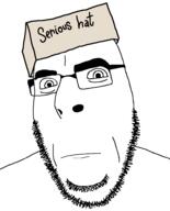 box cardboard closed_mouth clothes glasses hat neutral serious_hat soyjak stubble text variant:cobson // 775x962 // 20.8KB