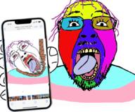 2soyjaks bloodshot_eyes colorful crying eyelashes glasses hair hand hanging holding_object holding_phone mustache phone purple_hair rope soyjak stubble suicide tongue tranny variant:bernd yellow_teeth // 869x720 // 355.0KB