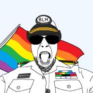 army beard black_lives_matter clothes emblem flag flag:lgbt_pride_flag flag:transgender_pride_flag glasses hat israel lgbt military military_cap open_mouth pan_african soyjak spade sunglasses tranny variant:patriotjak // 1023x1023 // 46.8KB