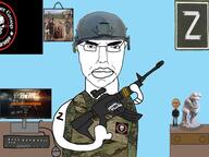 angry arm bulletproof_vest camouflage chud closed_mouth clothes combat_helmet computer ear emr_pattern escape_from_tarkov figurine firearm frog glasses gun hand helm helmet hohol holding_gun holding_object holding_rifle military military_uniform pepe pointing poster ribbon_of_saint_george rifle russia soyjak subvariant:chudjak_front tapestry tarkov tattoo text the_thinking_man uniform variant:chudjak variant:two_pointing_soyjaks vest video_game vladimir_putin wagner_group weapon z_(russian_symbol) // 960x720 // 565.1KB