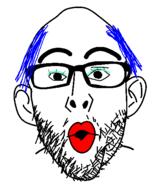 blue_hair ear eyelashes glasses lipstick makeup open_mouth soyjak stubble tranny variant:nojak // 443x523 // 9.3KB