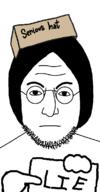 angry clothes eyebrows forehead_lines glasses hair hat lie mouth_closed nose pointing pointing_at_object serious_hat sign soyjak stubble variant:lennonjak wearing_hat // 600x1150 // 25.4KB