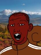 animal brown_skin buck_teeth clothes ear forest hair irl_background open_mouth russia soyjak squirrel tail track_suit variant:kuzjak // 810x1080 // 520.9KB