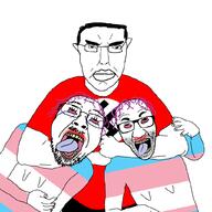 3soyjaks bloodshot_eyes choke choke_hold choker crying dead flag flag:nazi_germany flag:transgender_pride_flag glasses hair le_pol_face mustache nazi_flag nazi_germany nazism open_mouth purple_hair sam_hyde series:old_style_chud soyjak stubble subvariant:pol_face swastika text the_weak_should_fear_the_strong tongue tranny variant:bernd variant:chudjak variant:el_perro_rabioso yellow_teeth // 1024x1024 // 108.3KB