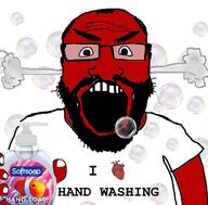 angry arm balding beard bubble glasses hair hand heart holding_object i_love open_mouth red_skin soap soyjak subvariant:science_lover text variant:markiplier_soyjak // 800x789 // 381.3KB
