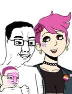 2soyjaks ashbie badge child closed_mouth couple flag flag:lesbian_pride_flag flag:transgender_pride_flag glasses open_mouth pink_hair smile soyjak subvariant:little_chuddy tranny transgender_flag variant:chudjak // 483x635 // 50.2KB