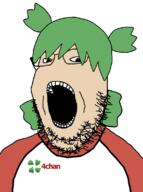 4chan anime clothes glasses green_hair hair no_nose open_mouth soyjak variant:gapejak white_skin yotsoyba // 847x1140 // 85.6KB
