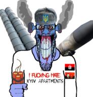 arm blood blue_skin clenched_teeth closed_mouth clothes dynamite ear fist fume glasses hand hat i_hate joseph_stalin nazism soyjak stepan_bandera stretched_mouth stubble ukraine variant:markiplier_soyjak // 1110x1156 // 1.1MB