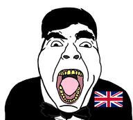 bowtie clothes hair open_mouth soyjak suit united_kingdom variant:bernd yellow_teeth // 1402x1270 // 78.5KB