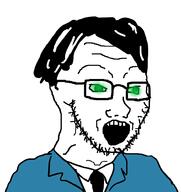 clothes glasses glowie glowing glowing_eyes hair necktie open_mouth soyjak stubble suit variant:soyak // 939x995 // 76.3KB