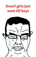closed_eyes closed_mouth crying dating_game dwarf ear elf fantasy glasses hair smv soyjak subvariant:chudjak_front text variant:chudjak // 461x718 // 26.6KB
