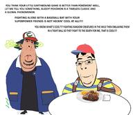 ash_ketchum backpack bag blue_eyes brown_skin cap clothes earthbound fart fat food hair hat jacket mother mutt ness_(earthbound) plate pokemon red_eyes steak stinky stubble subvariant:blobson subvariant:hornyson subvariant:nucob variant:cobson white_skin yellow_hair // 1934x1672 // 290.2KB