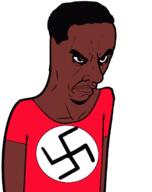 angry arm black_skin closed_mouth clothes hair nazism soyjak subvariant:chudjak_seething swastika tshirt variant:chudjak // 1240x1568 // 279.6KB