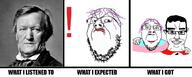 3soyjaks angry chud chud_troon_alliance classical closed_mouth clothes ear friendship glasses hair mustache nazism purple_hair richard_wagner smile soyjak stubble subvariant:chudjak_front swastika tranny variant:bernd variant:chudjak variant:gapejak // 1650x660 // 691.8KB